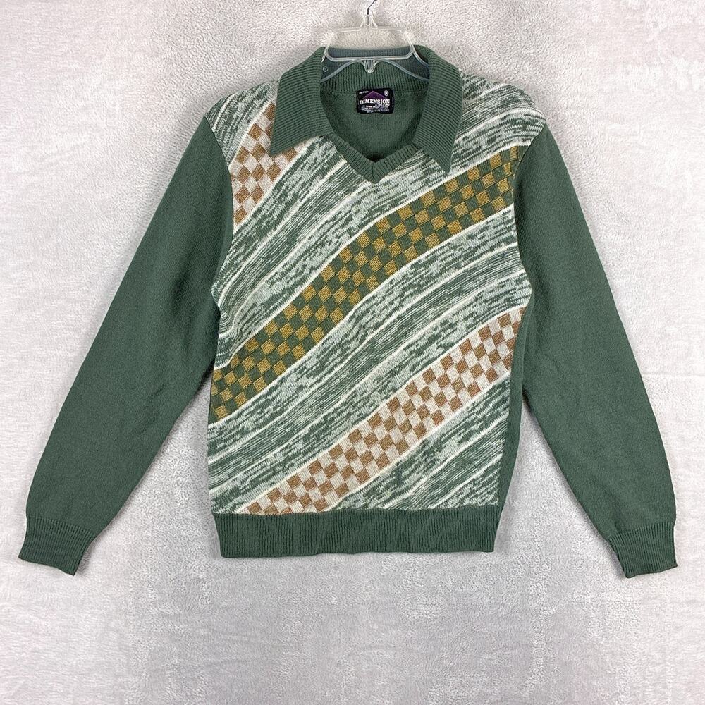 VTG Dimension Sweater Men M Green Johnny Collar Orlon Resort Grandpa 70s USA